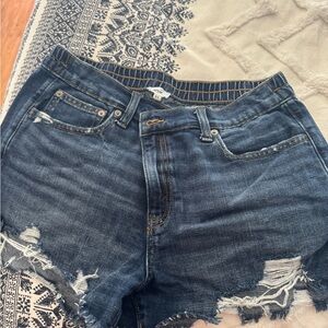 Aerie Daydream High Rise Elastic Waist Distressed Dark Denim Shorts